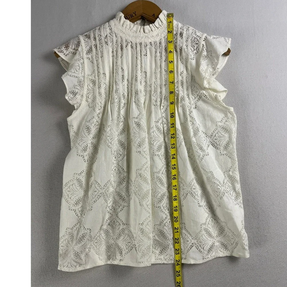 Ivory‎ Lace Ruffle Mock Neck Sleeveless Blouse XS Pleated Boho Top - Picture 7 of 7
